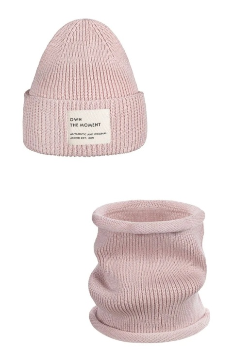 Komplet czapka i komin – 100% wełny merino “BRIGID NEW” – PUDROWY RÓŻ