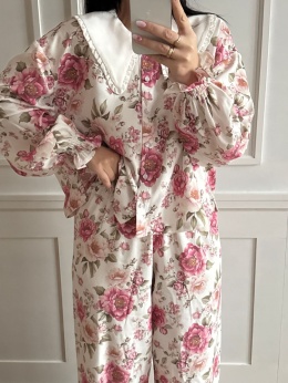 KOMPLET DOMOWY W KWIATY Z KOŁNIERZYKIEM ROSALINA DREAM SPODNIE