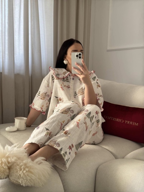 ŚWIĄTECZNA PIŻAMA MUŚLINOWA BLUZKA KRÓTKI RĘKAW + DŁUGIE SPODNIE