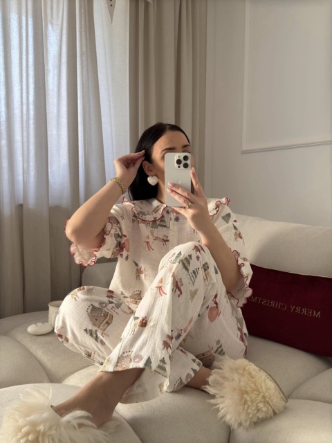 ŚWIĄTECZNA PIŻAMA MUŚLINOWA BLUZKA KRÓTKI RĘKAW + DŁUGIE SPODNIE