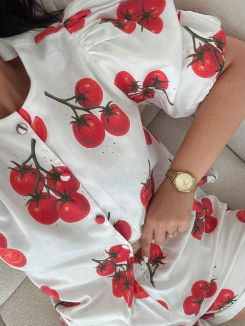 Biała bawełniana bluzka damska TOMATO w pomidory – bufiaste rękawy